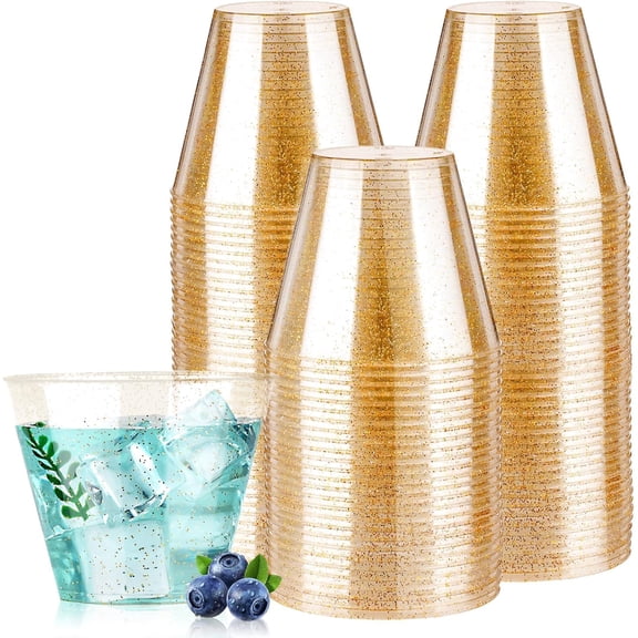 9 oz 100 golden glitter plastic cup, disposable glitter cup, elegant plastic cocktail cup, fancy party cup for wedding, birthday, festival