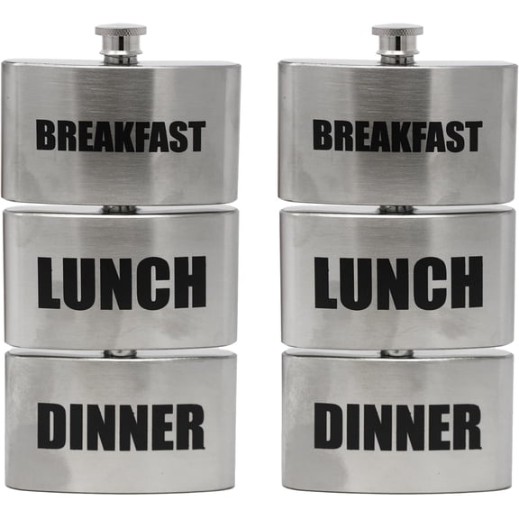 Set of 2 Stainless Steel Triple Stack 9 Oz Classic Hip Flasks (Breakfast, Lunch & Dinner)