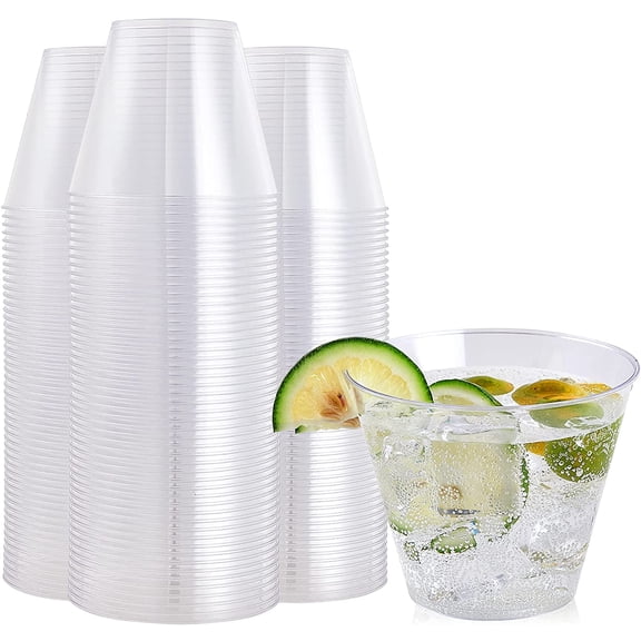 9 oz Clear Plastic Cups, Disposable Heavy Duty Hard Plastic Cups, Reusable, 100 Count