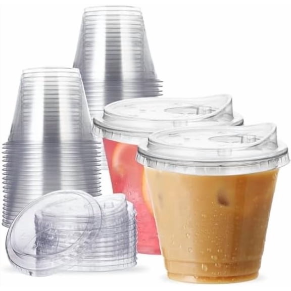 9 oz Clear Plastic Cups with Strawless-Sip-Lids, 25 Sets Disposable Cups Plastic Iced Coffee Cups, To Go Cups with Sip Through Lids for Smoothie, Milkshake, Cold Drinks for Party, Wedding, Event