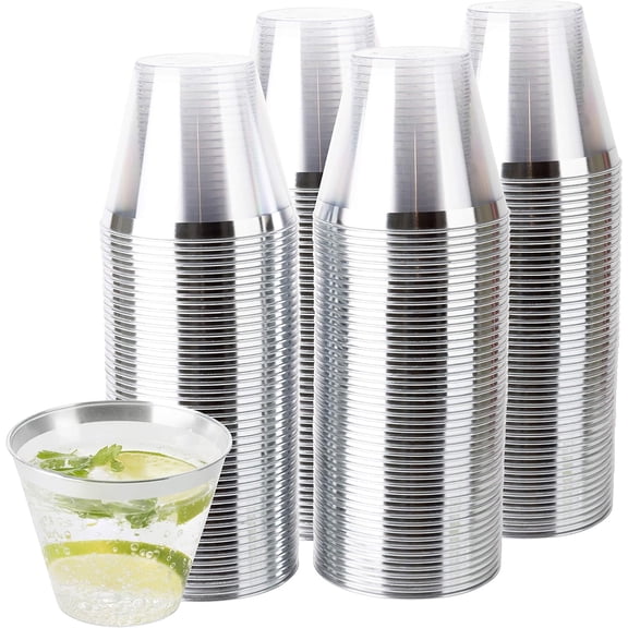 9 oz Disposable Plastic Party Cups,Old fashioned Designed Tumblers, Crystal Clear (Clear With Silver Rim, 200)