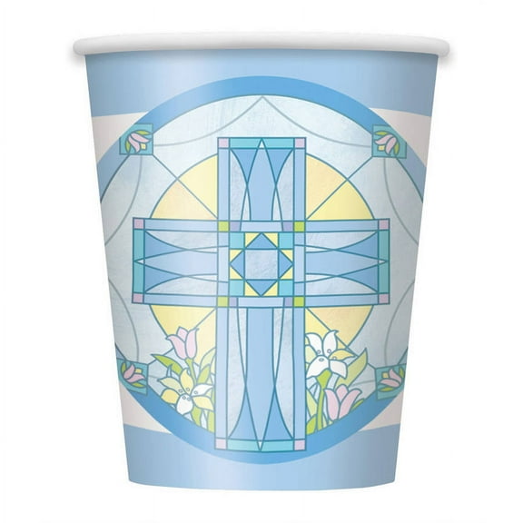 9 oz Paper Blue Sacred Cross Religious Cups, 8ct