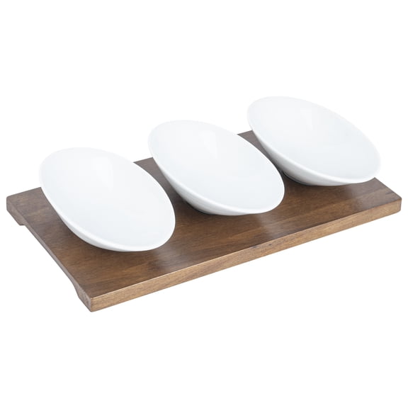 Chef 101 9 oz Rectangle White Porcelain Ellipse Bowl Set - 3 Bowls, Bamboo Tray - 10 1/4" x 5 1/2" x 1 1/2" - 1 count box