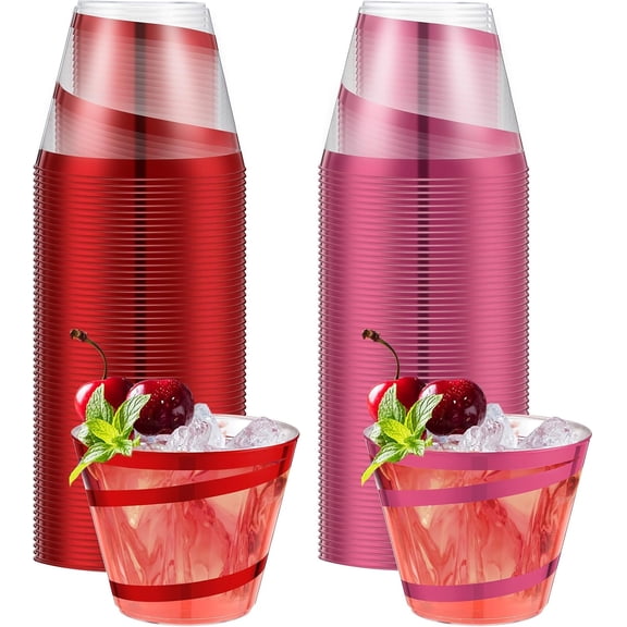9 oz Rimmed Swirl Plastic Cups Disposable Wine Drinking Cups Clear Elegant Halloween Tumblers for Christmas Party Supplies(Red, Pink,100 Pcs)