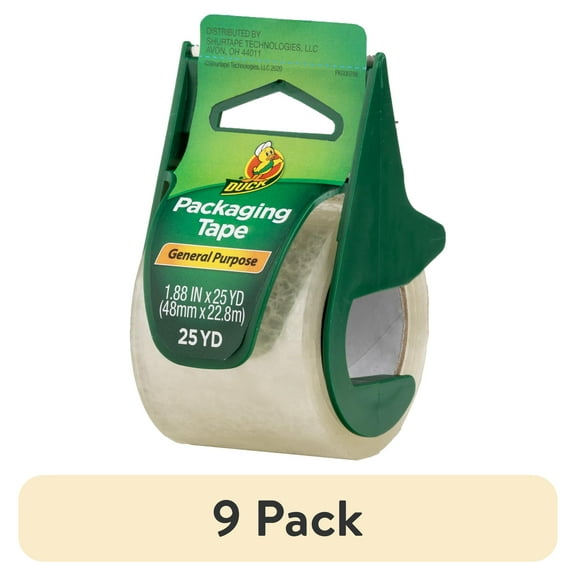 (9 pack) Duck General Purpose Packaging Tape with Manual Tape Dispenser, 1.88 in x 25 yd, Clear, 1 Roll
