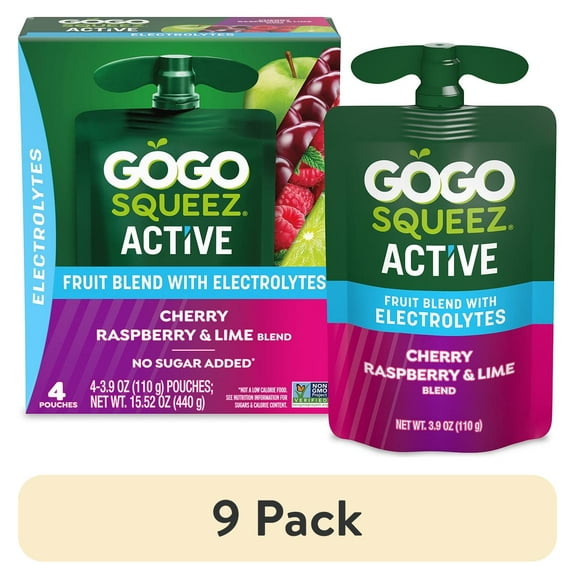 (9 pack) GoGo squeeZ Active Electrolyte No Sugar Added Cherry Lime Raspberry Fruit Blend Pouches, 3.9 oz (4 Pack)