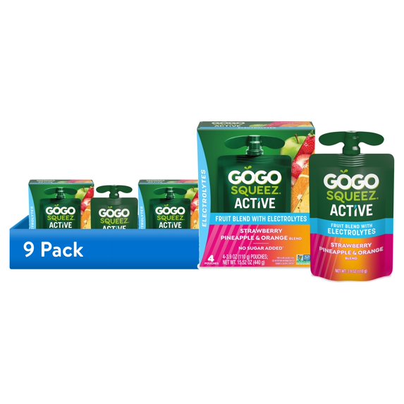 (9 pack) GoGo squeeZ Active Electrolyte No Sugar Added Strawberry Pineapple Orange Fruit Blend, 3.9 oz (4 Pack)