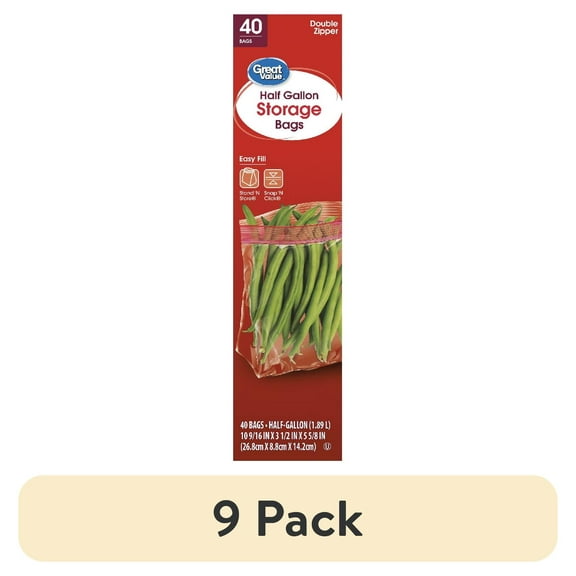 (9 pack) Great Value Double Zipper Half Gallon Storage Bags, 40 Count