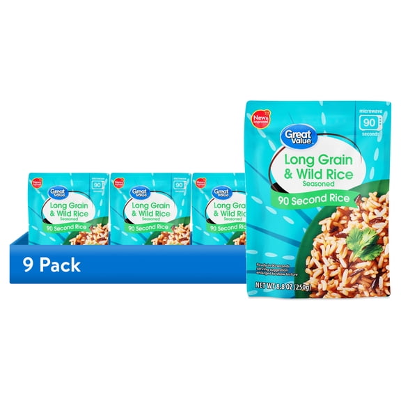 (9 pack) Great Value Ready-to-Heat 90-Second Long Grain & Wild Rice Pouch, 8.8 oz
