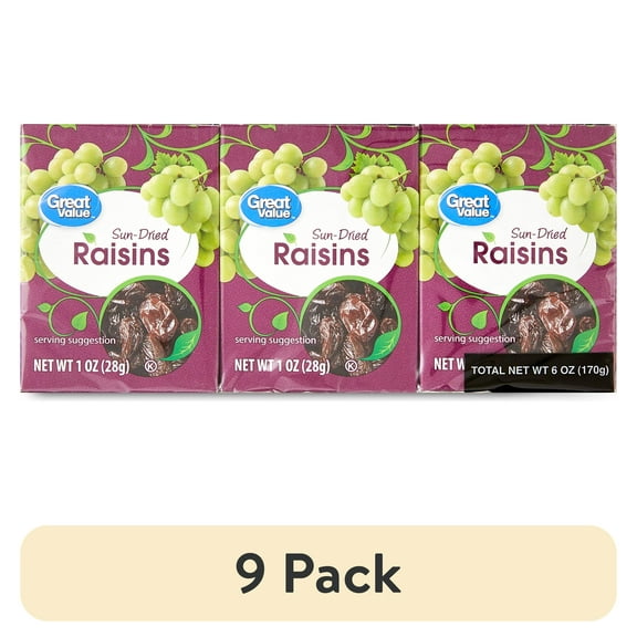 (9 pack) Great Value Sun-Dried Raisins 6 Pack, 6 - 1oz (28g) Cartons