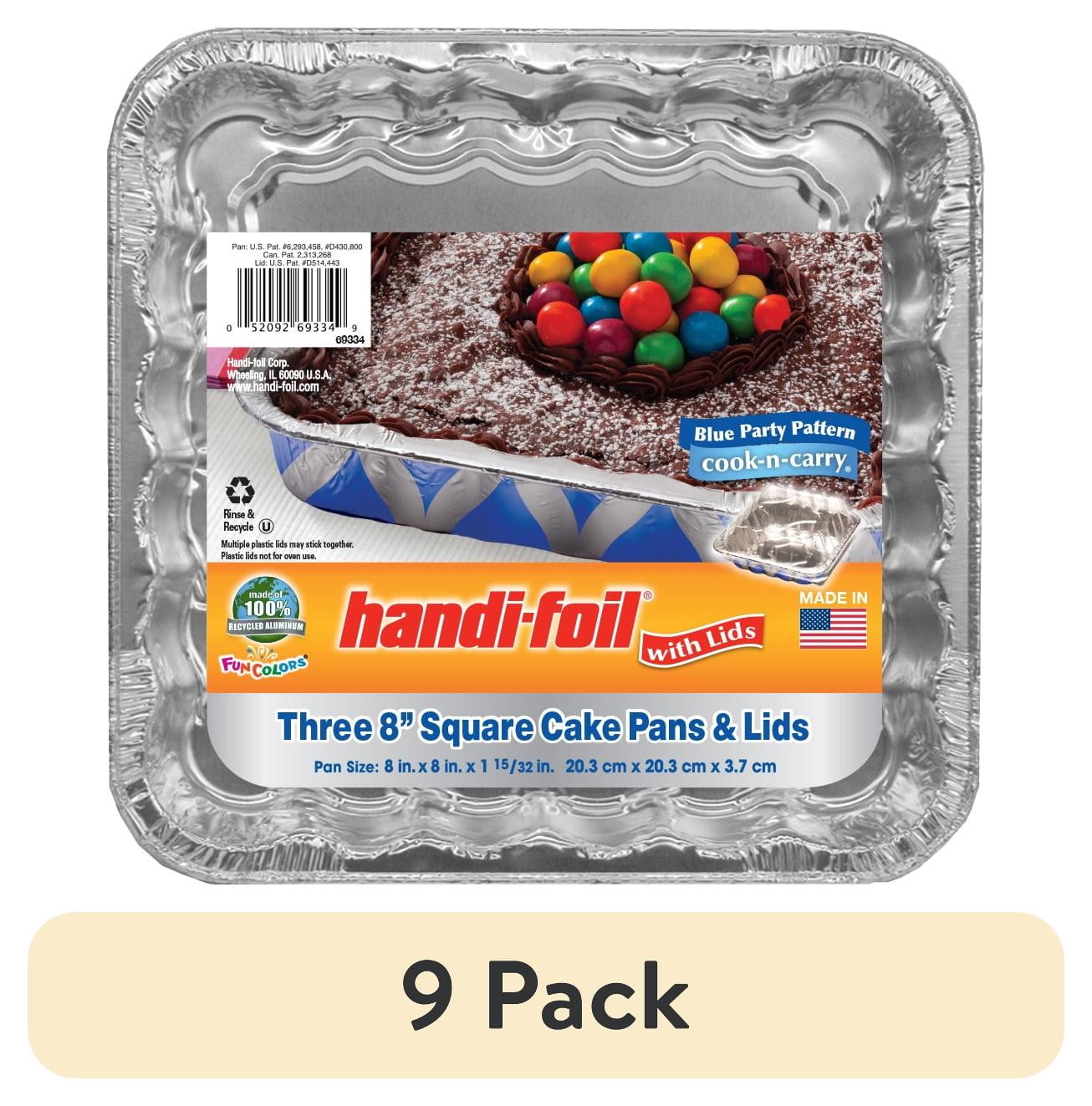(9 pack) Handi-Foil 8" Square Aluminum Blue Geometric Cake Pan with Lids, 3 Count