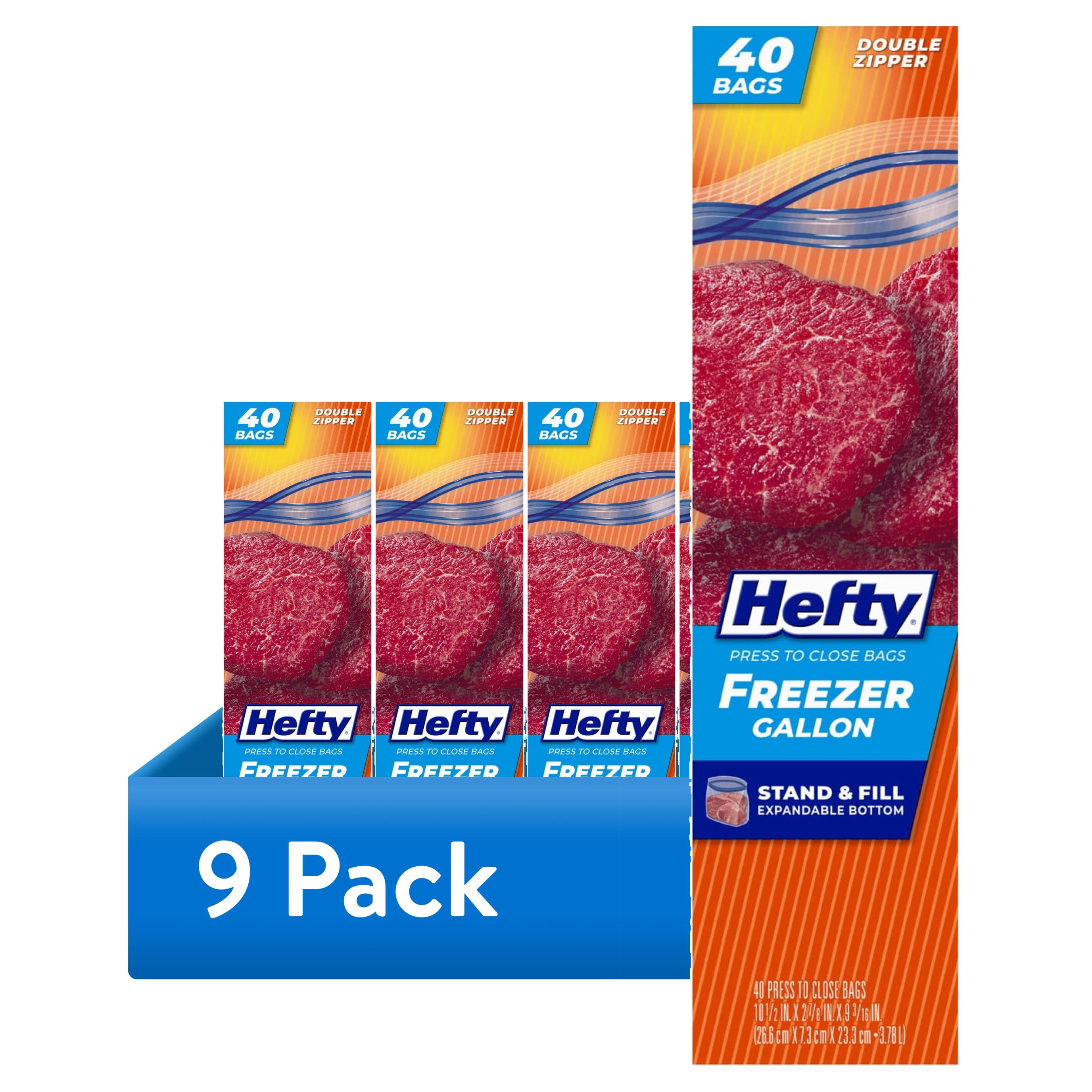 (9 pack) Hefty Press to Close Gallon Freezer Bags, 40 Count