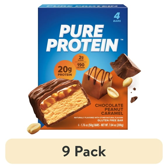 (9 pack) Pure Protein Bars, Chocolate Peanut Caramel, 20g Protein, Gluten Free, 1.76 oz, 4 Ct