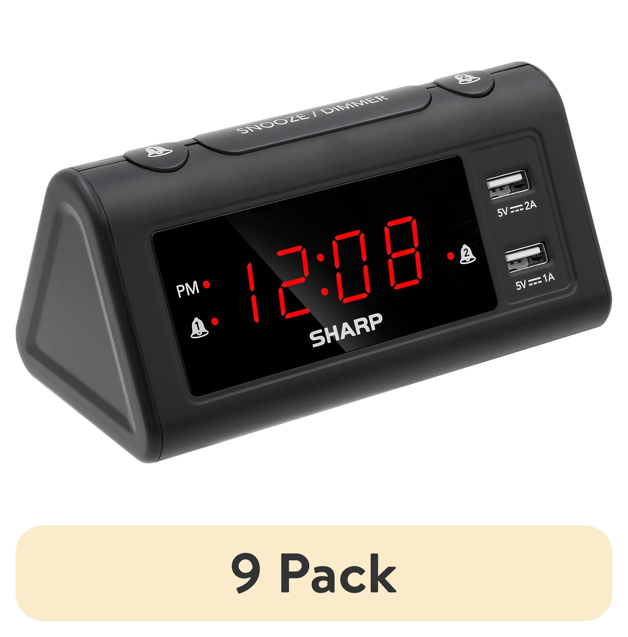 (9 pack) SHARP Dual Alarm Clock with 2 x USB Charge Ports, Black with Red LED Display