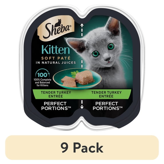 (9 pack) Sheba Perfect Portions Turkey Entree Kitten Wet Cat Food Pate, 2.6 oz Twin Pack Tray