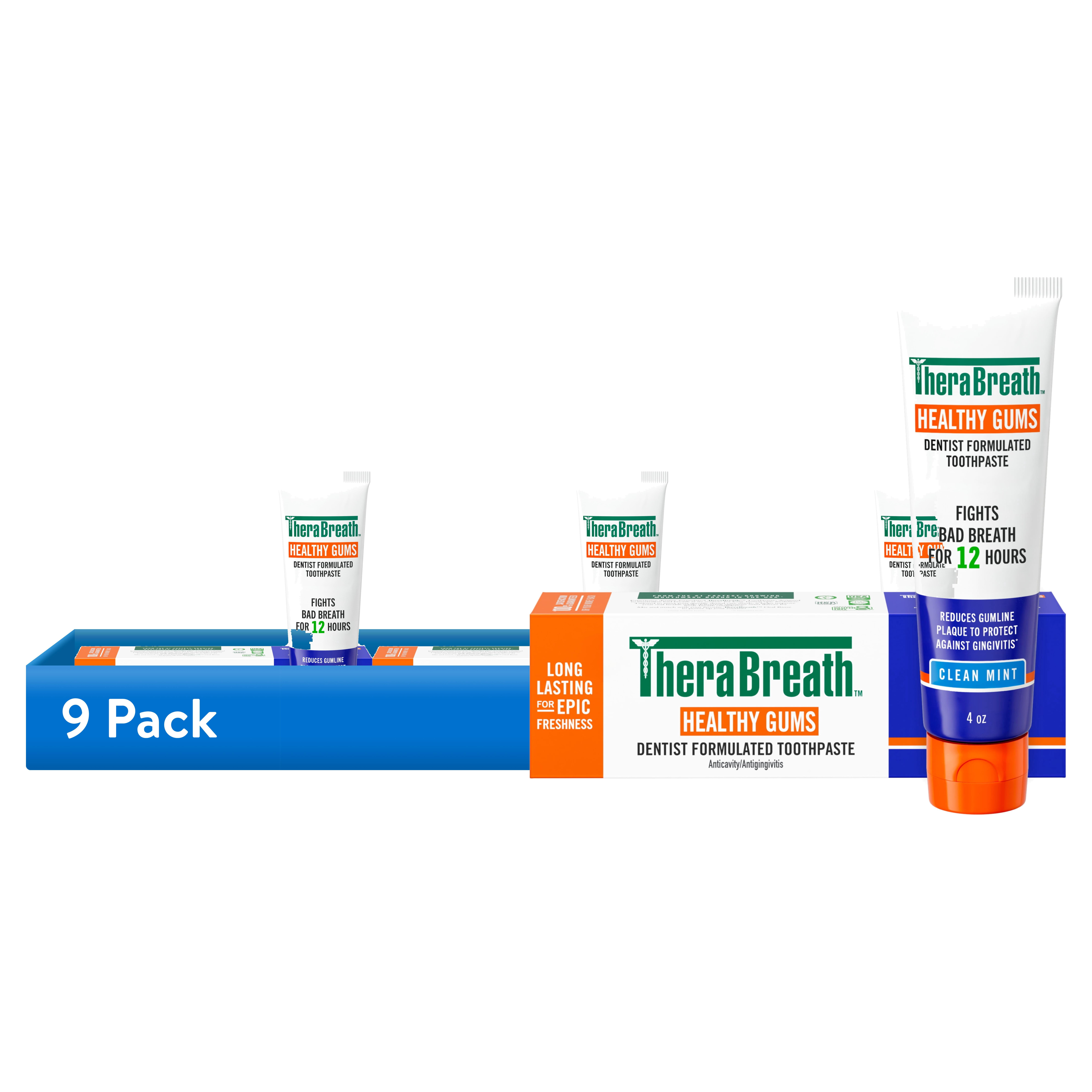(9 pack) TheraBreath Healthy Gums Toothpaste, Anticavity & Gingivitis Protection, Clean Mint, 4 oz