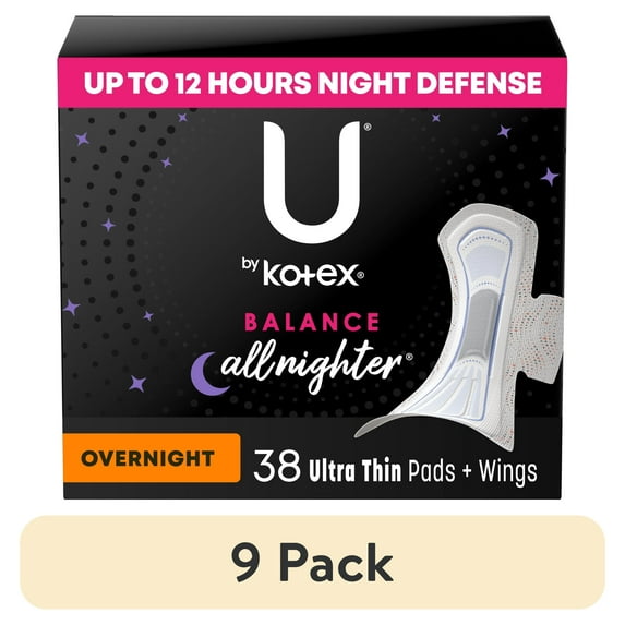 (9 pack) U by Kotex Balance Ultra Thin Overnight Pads with Wings, 38 Ct