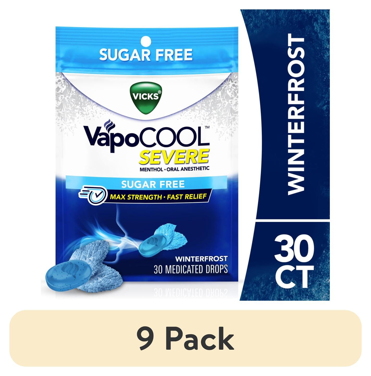 (9 pack) Vicks VapoCOOL SEVERE Max Strength* Menthol Cough Drop Alternative/Sore Throat Lozenge for Sore Throat Relief, Sugar Free Winterfrost, 30ct