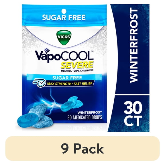 (9 pack) Vicks VapoCOOL SEVERE Cough Drop Alternative for Sore Throat Pain, Sugar Free Winterfrost, 30ct