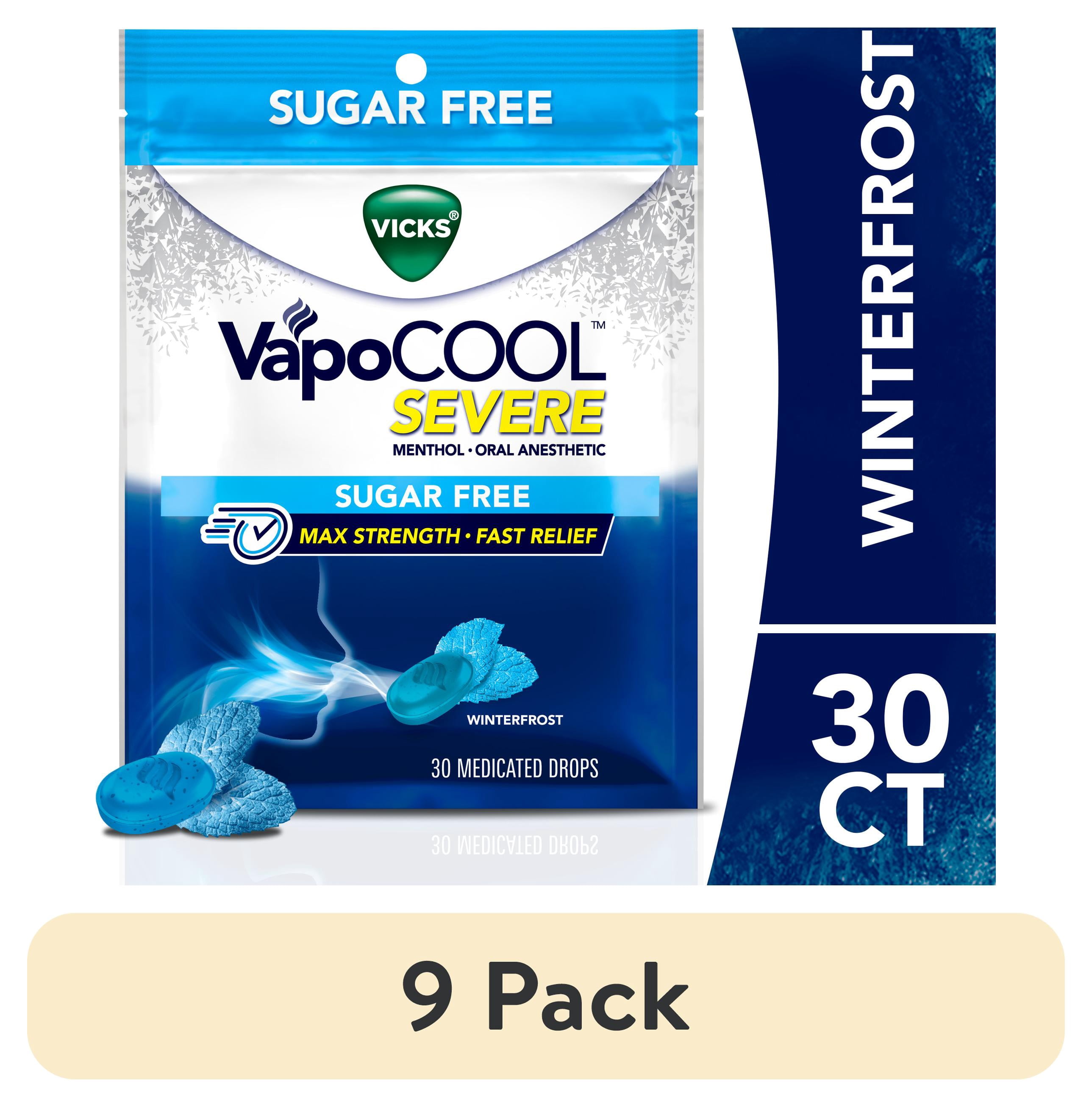 (9 pack) Vicks VapoCOOL SEVERE Cough Drop for Sore Throat Pain, Sugar Free Winterfrost, 30 count