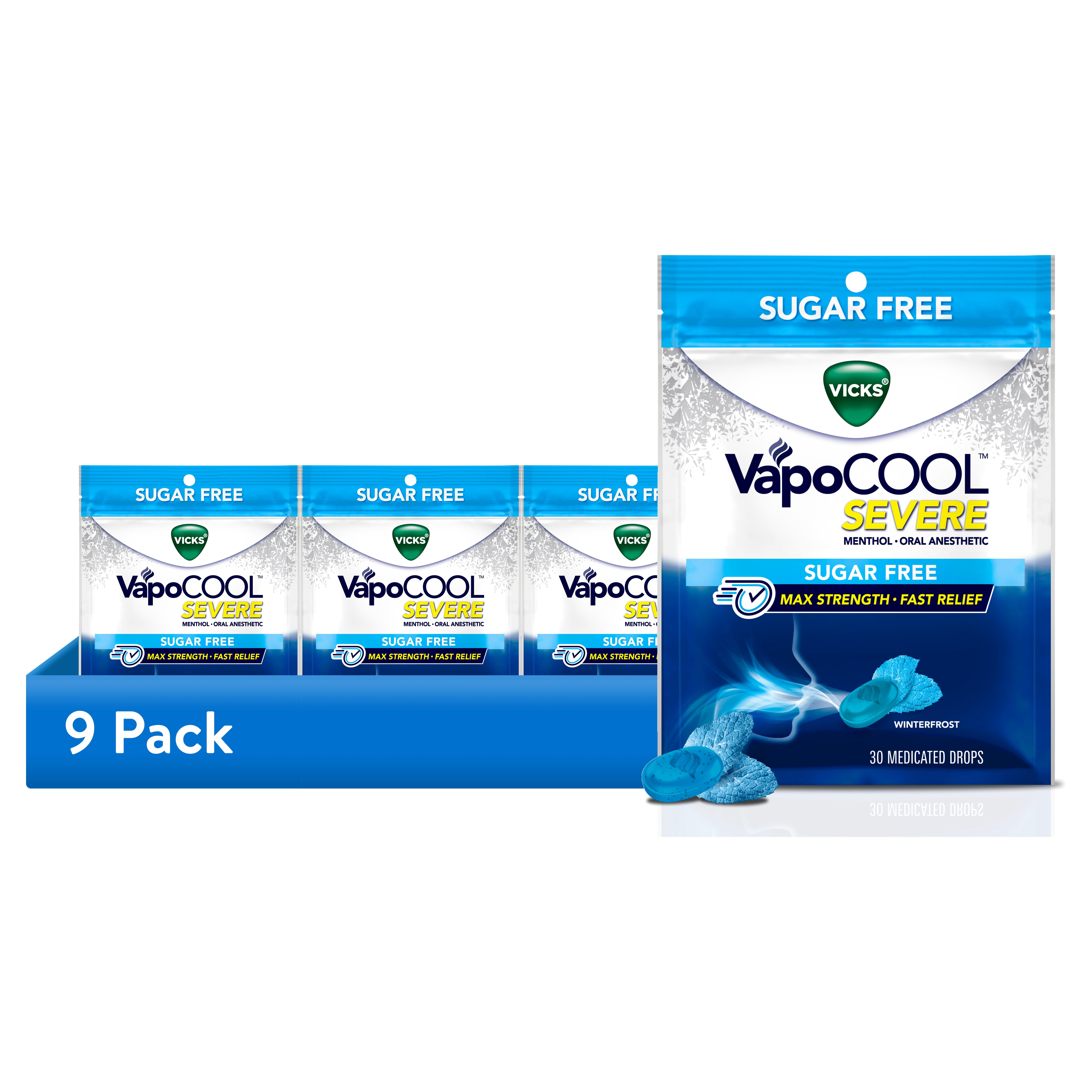 (9 pack) Vicks VapoCOOL SEVERE Cough Drop for Sore Throat Pain, Sugar Free Winterfrost, 30 count