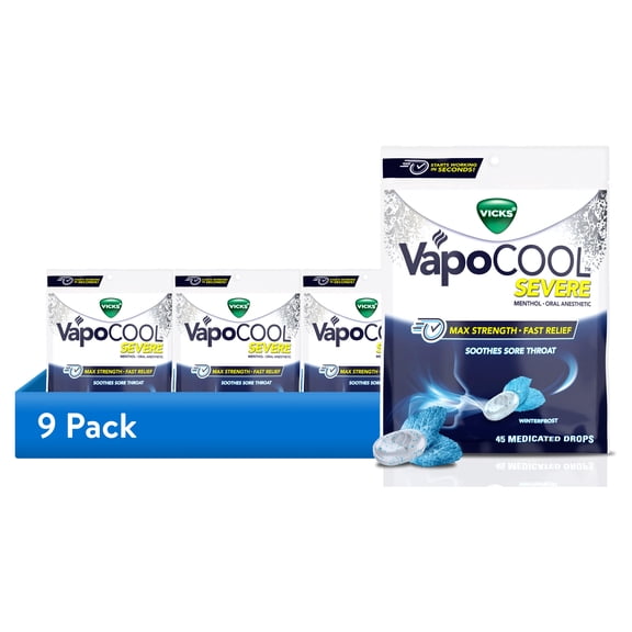 (9 pack) Vicks Vapocool Severe Medicated Sore Throat Drops, Menthol, Winterfrost Flavor, 45 Ct