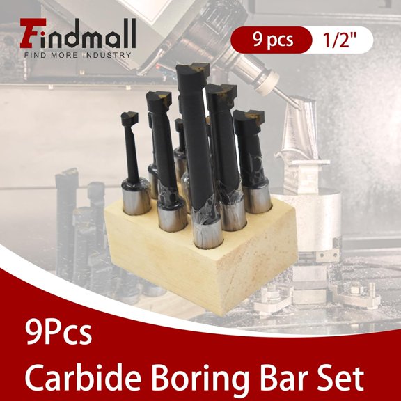 9 pcs 1/2" Boring Bar Set C6 Carbide Tipped Bars 1/2" Shank Lathe Tool Milling Tools Kit with Base