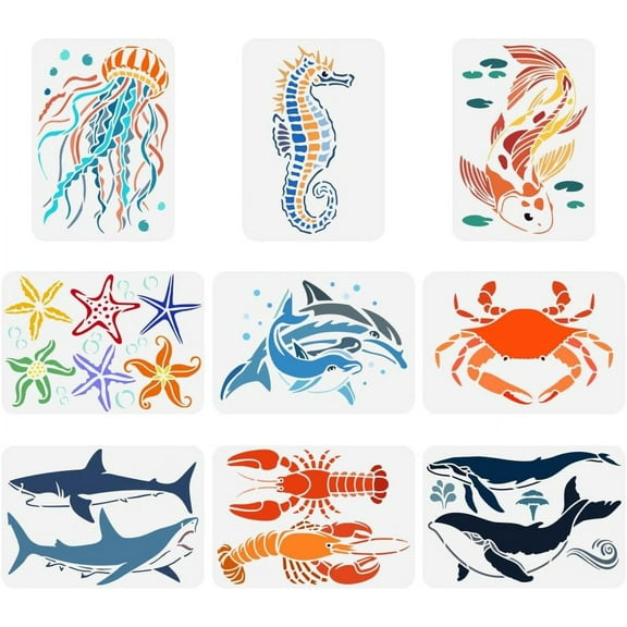 9 pcs Aquatic Creatures Painting Stencil 8.3x11.7inch Seahorse Jellyfish Koi Dolphin Crab Starfish Lobster Whales Drawing Template for DIY