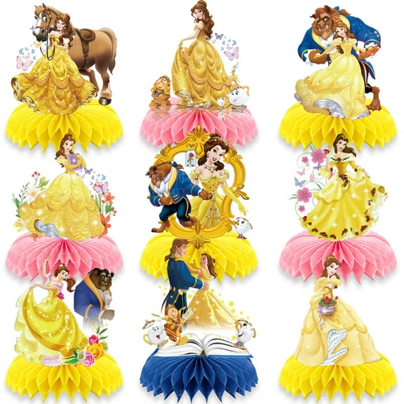 9 pcs Belle Princess Honeycomb Centerpiece 3D Table Decorations for Kids Birthday Theme Party Decorations Double Sided Party Favor Supplies Photo Props