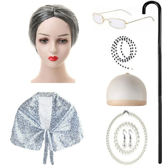 9 pcs Old Lady Costume for Kids,100 Days of School Costume Old Lady Wig for Girls,Halloween Granny Grandma Dress Up