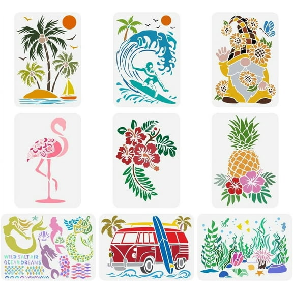 9 pcs Summer Animal Plant Painting Stencil 8.3x11.7inch Reusable Flamingo Palm Tree Surf Gnome Hibiscus Pineapple Drawing Template for Painting on Wood Wall Fabric Furniture for DIY