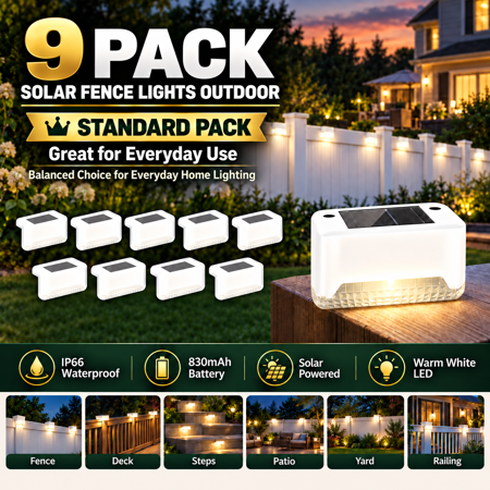 RXTIUX 9-piece outdoor step lights with 66 waterproof rating, featuring a battery capacity of 830mAh, white model.