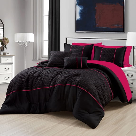 9-pieces Black Pink Comforter and Sheet Set, Bed in Bag Pink Bedding Set Bed-in-a-Bag King Size