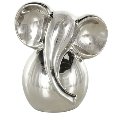 9" x 10" Silver Ceramic Glossy Elephant Sculpture, by DecMode
