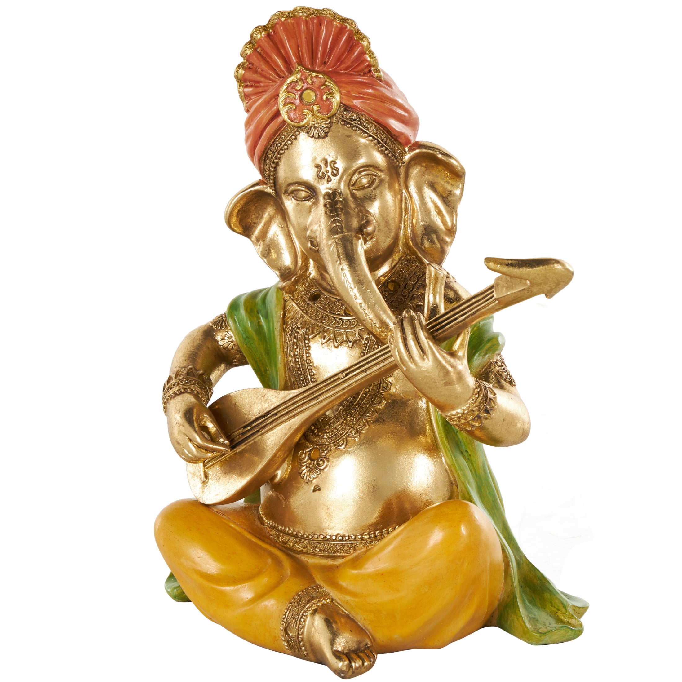 9" x 11" Gold Resin Musician Ganesh Sculpture with Green, Yellow, and Red Accents, by DecMode