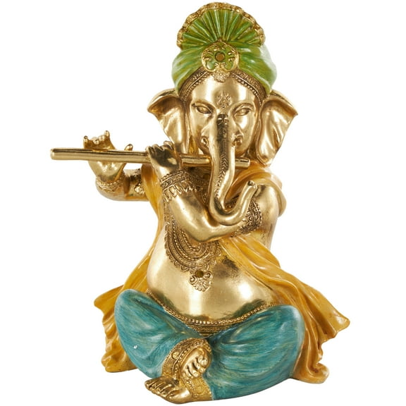 9" x 11" Gold Resin Musician Ganesh Sculpture with Green, Yellow, and Teal Accents, by DecMode