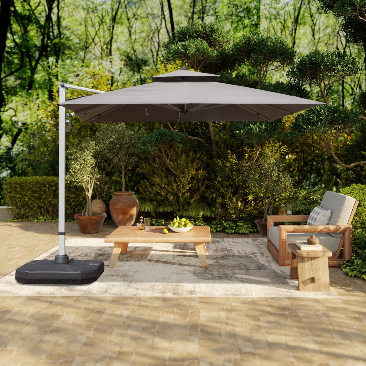 9'x 11' Offset Cantilever Patio Umbrella, 360° Rotation Rectangle Market Umbrella with 5-Position Tilt, 2-Tier Outdoor Table Umbrella with 9 Sturdy Ribs for Backyard, Pool, Gray (No Base)