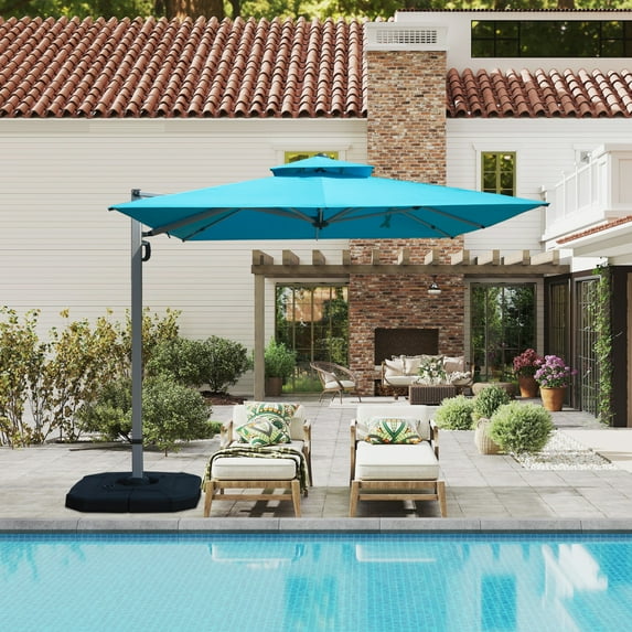 9'x 11' Offset Cantilever Patio Umbrella, 360° Rotation Rectangle Market Umbrella with 5-Position Tilt, 2-Tier Outdoor Table Umbrella with 9 Sturdy Ribs for Backyard, Pool, Gray (No Base)