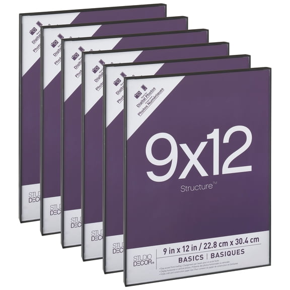 Studio Decor 9" x 12" Black Frame, Basics - Thin Profile Design, Wall & Tabletop Display, Snap-In Easel, Plastic & Glass, 6 Pack