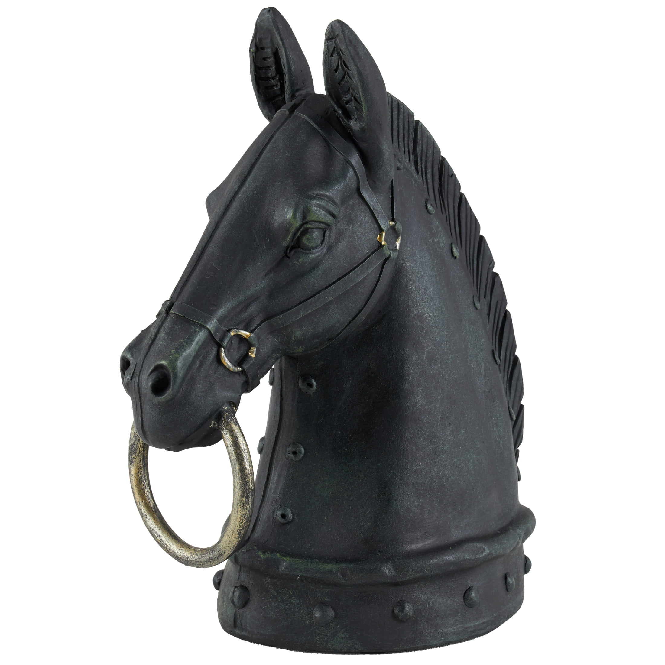 9" x 12" Black Polystone Antique Style Head Horse Sculpture with Hitching Post and Gold Accents, by DecMode