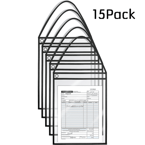 9 x 12", Black and Clear, Reusable Vinyl, Double-Sided Dry Erase, Use to Protect and Store Documents in The Office and Warehouse, 15 Pack