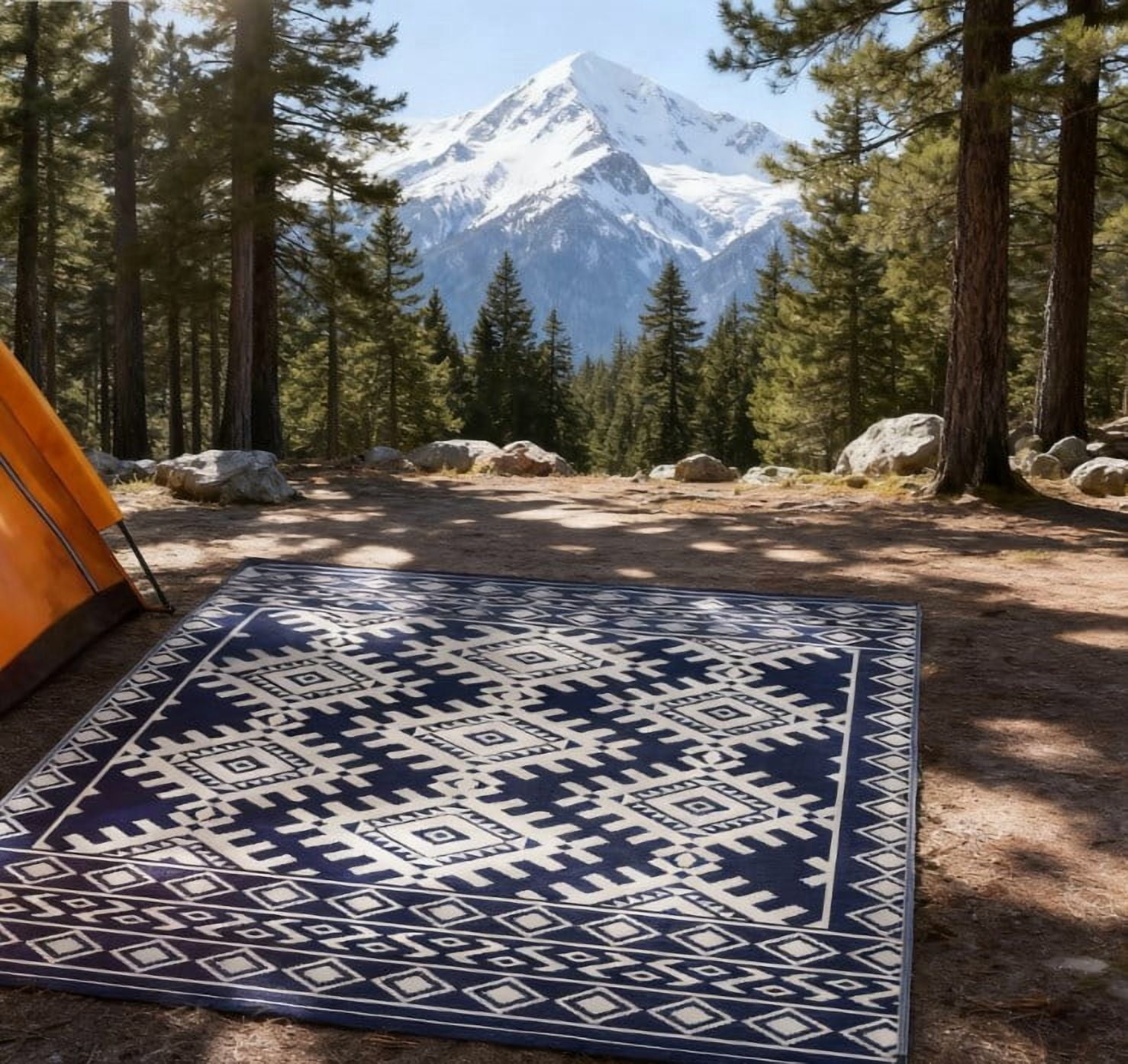 9' x 12' Blue & White Rhombus Border Reversible Outdoor Rug, Waterproof Patio Camping Carpet with Carry Bag, Foldable Portable RV Mat