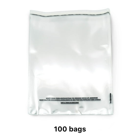 9" x 12" Clear Self Seal OPP Cellophane Bag Sealing Cello Pouch - For Goodie Bags, Treats, Gifts, Party Favors, Bakery Goods - (1.5 Mil) Suffocation Warning Resealable Reclosable Bags - 100 Bags