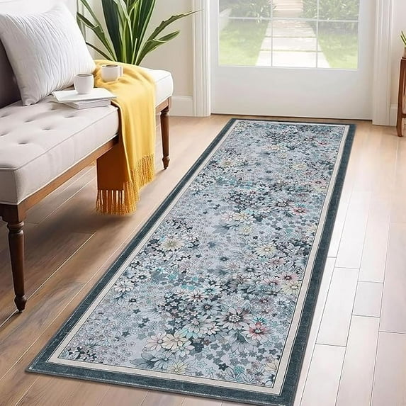 9'x 12' Runner Rug for Hallways Kitchen Non Slip Washable Rugs with Rubber Backing Soft Floral Carpet Runner for Hallways, Kitchen, Laundry, Bedroom, Bathroom-Gary BLue