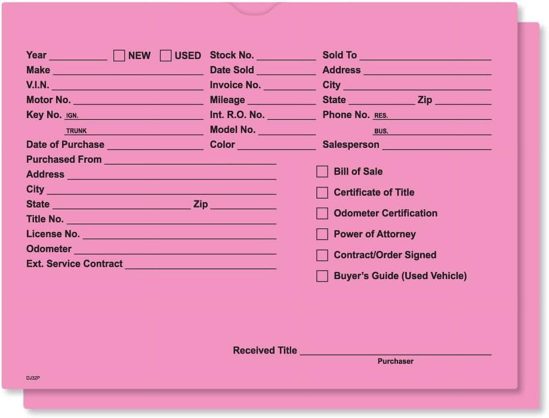 9" x 12" Vehicle Car Dealer Deal Jackets Envelopes 100 Pack Fuchsia Printed