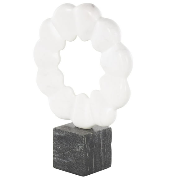 9" x 12" White Marble Floral Inspired Ring Geometric Sculpture with Black Block Base, by DecMode