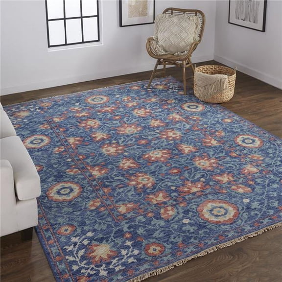 9 x 12 ft. Blue & Red Wool Floral Hand Knotted Stain Resistant Rectangle Area Rug