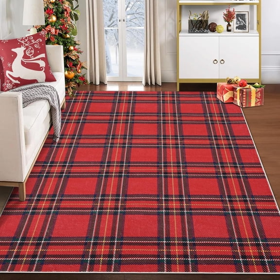 9 x 12 ft Christmas Buffalo Plaid Area Rug, Machine Washable Non-Slip Stain Resistant Soft Low-Pile Holiday Rug for Living Room Decor - Red
