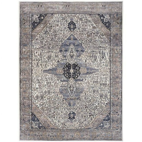 9 x 12 ft. Ivory & Blue Oriental Power Loom Distressed Washable Non Skid Rectangle Area Rug