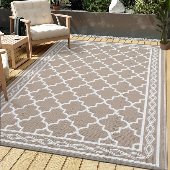 9 x 12 ft Outdoor Patio Rug, Waterproof Reversible Plastic Straw Mat, Lightweight Area Rug for Porch, Deck, RV, Balcony, Backyard, Picnic, Beach and Camping,Gray coffee